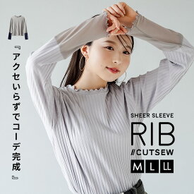 【特別送料無料！】 リブカットソー シアー トップス レディース M/L/LL カットソー 長袖 リブ Tシャツ 丸首 シアー袖 配色 バイカラー 伸縮 楽ちん ゆったり 大きいサイズ 秋 冬 【メール便可17】◆zootie（ズーティー）：シアースリーブ リブカットソー［クルーネック］