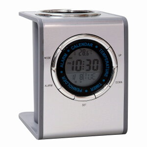 在庫限り 多機能時計 メタル ペンスタンド クロック D2410 時計付ペンスタンド カレンダー デジタル時計 アラーム タイマー機能 温度計 ペン立て