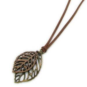 ネックレス レディース リーフ 葉っぱ アンティークゴールド レザーネックレス ウッド ロングネックレス ペンダント CHN10054