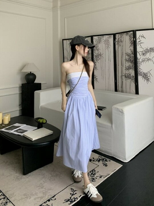 楽天市場】オフショルダーワンピース フリル チューブトップ ロング ストライプ柄オフショルダードレス