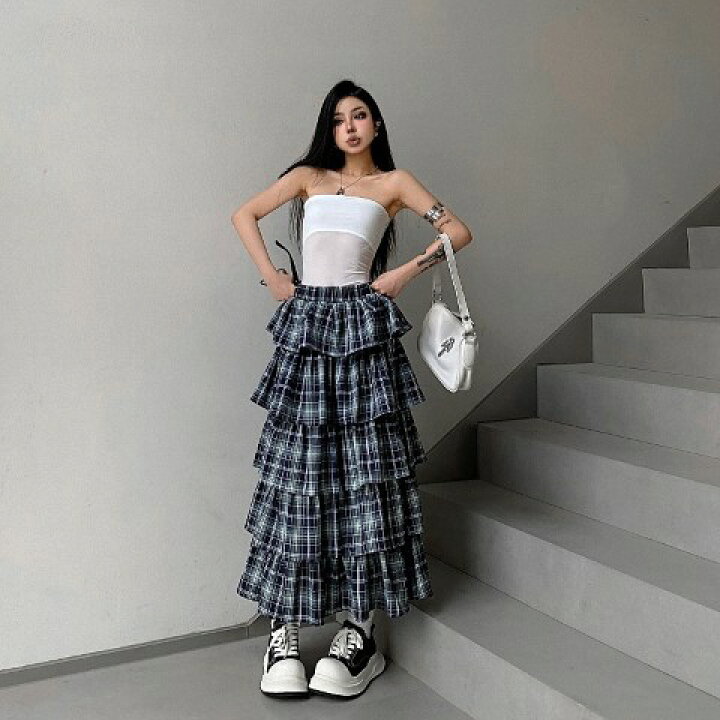 楽天市場】ロングスカート フリル チェック柄 カジュアル ケーキ  