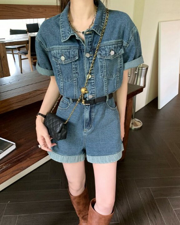 楽天市場】オールインワン 半袖 ショートパンツ デニム つなぎ 