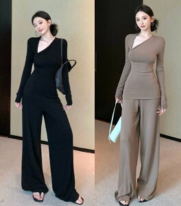 上下セット 2点セット アシンメトリー 切り替え スリム 着痩せ【大きいサイズ レディース ニット 上下セット set スウェット スエット sweat ルームウェア ジャージ 秋冬 setup】