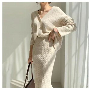 ニットセット レディース きれいめ 膝丈ワンピース 無地セットアップ 長袖スカート【大きいサイズ レディース ニット 上下セット set スウェット スエット sweat ルームウェア ジャージ 秋冬 s