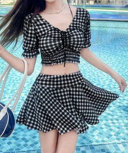 水着 レディース 半袖水着 上下2点セット スカート水着 チェック柄 シンプル カジュアル【大きいサイズ レディース 体型カバー フィットネス ワンピース ショートパンツ タンキニ ビキニ miz