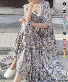 ロングワンピース 五分袖 ティアードワンピース 花柄 リゾート風 カジュアル シンプル ゆったり かわいい【大きいサイズ レディース 夏秋 結婚式 きれいめ タイト フォーマル 大人 上品 チュニック one-piece】