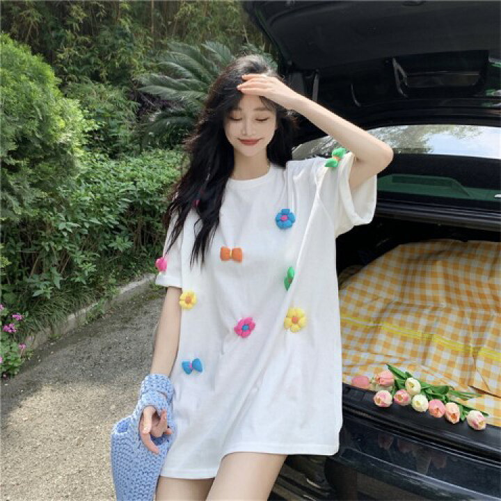 楽天市場】Tシャツ 半袖 大きいサイズ 花 リボン ロング丈Tシャツ 
