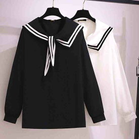 3L～7L 大きいサイズ 学生風 可愛いセーラー服 イレギュラー襟 シフォンシャツブラウス【大きいサイズ レディース 春夏 チュニック フォーマル オフィス ボウタイ シフォン シャツ インナー blouse】