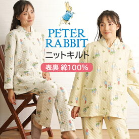 【ピーターラビット★10％OFF】＼オリジナル★キャロット柄／レディース パジャマ 冬 長袖 表裏 綿100％ ニットキルト 衿付 長ズボン 冬パジャマ 暖か 綿入り 前開 かわいい 婦人 肌に優しい ナイトウェア S/M/L 眠活【nacrure】プレゼント クリスマス ギフト