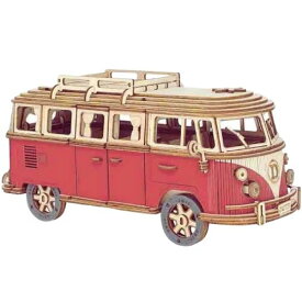 木製プラモデル 立体パズル 赤色 プラモデル 車 木の車 木製 知育 3D ウッドパズル 大人 子供 木 大人向け 子供向け 玩具 オモチャ 知育玩具 天然木 指先 トレーニング 脳トレ 組み立て フォルクス ワーゲン バス クラフト 工作 キット 誕生日 クリスマス プレゼント DIY