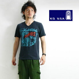 KU 空 クウリサイクルコットンVネック半袖プリントTシャツ「OIKOS」