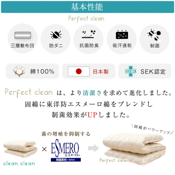 以上節約 敷き布団 敷布団 ふとん 布団 ベッド用 ベッド 寝具 清潔 快適 ダニ増殖抑制 減ダニ 日本製 無地 シンプル シングル 約95 195cm 四つ折り 三層構造 寝室 新生活 収納 便利 Fucoa Cl