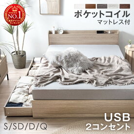 【正午~クーポン5%引!更にP3倍】 楽天1位 収納ベッド マットレス付き ポケットコイル 厚み14/22cm ベッド USB コンセント シングルベッド セミダブルベッド ダブルベッド クイーンベッド 収納付きベッド マットレス付 ベット マットレスセット シングル クイーンサイズ