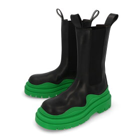 【新品】ボッテガ ヴェネタ BOTTEGA VENETA シューズ ブーツ ユニセックス TIRE Chelsea Boots ブラック×グリーン カーフスキン サイドゴアブーツ 厚底ブーツ ロングブーツ 630297 VBS50