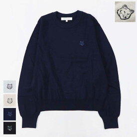 【新品】メゾン キツネ MAISON KITSUNE トップス ニット レディース グレー ライトベージュメランジ ネイビー ブラック フォックスパッチ ウール 無地 ワンポイント 長袖 クルーネック MW00801KT1036