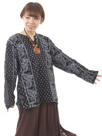 ロータス柄 長袖Tシャツ メンズ レディース ユニセックス カットソー 大きいサイズ ロンT プルオーバー ロンティ エスニック アジアンファッション オリエンタル オーバーサイズ ゆったり クルタ フリーサイズ オーム柄 送料無料 a