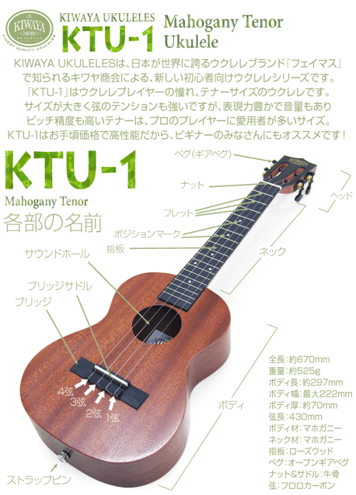 楽天市場】キワヤ ウクレレ テナー KTU-1 チューナー付