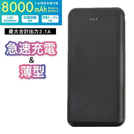 Ric 薄型 軽量 モバイルバッテリー 8000mAh USB2ポート 2.1A出力 197g ブラック PSE認証 MB0010BK メール便送料無料