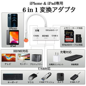 送料無料 iPhone iPad 専用 ライニングから USB + HDMI + USB+ 充電 + TF + SD 変換アダプタ 6in1 多機能 変換　HDMI変換ケーブル Digital AV アプリ不要 TV視聴設定不要 1080P ビデオ再生 USB高速な写真とビデオ転送 カメラTF SDカード 読み出し 書き込み
