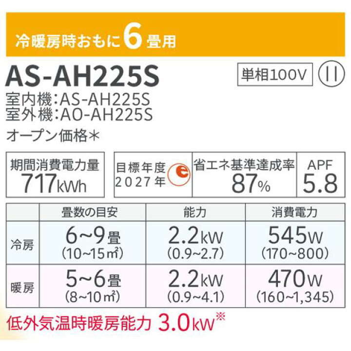楽天市場】FUJITSU 富士通ゼネラル ルームエアコン AS-AH225S 2025年 