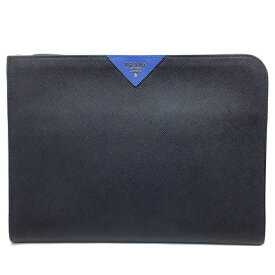 【中古】 PRADA (プラダ) 2VN003 クラッチバッグ ドキュメントケース サフィアーノ トラベル セカンドバッグ ミニバッグ ブラック ブルー シルバー金具 レザー SAFFIANO TRAVEL メンズ 【USED-AB】