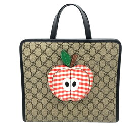 【中古】GUCCI（グッチ）648797 GGスプリームキャンバス CHILDRENS チルドレンズアップル トートバッグ ハンドバッグ ギンガムチェック アップルモチーフ 立体的モチーフ ブラウン系 ベージュ系 内側ブラック 総柄 マグネットボタン式開閉 レディース【USED-A】