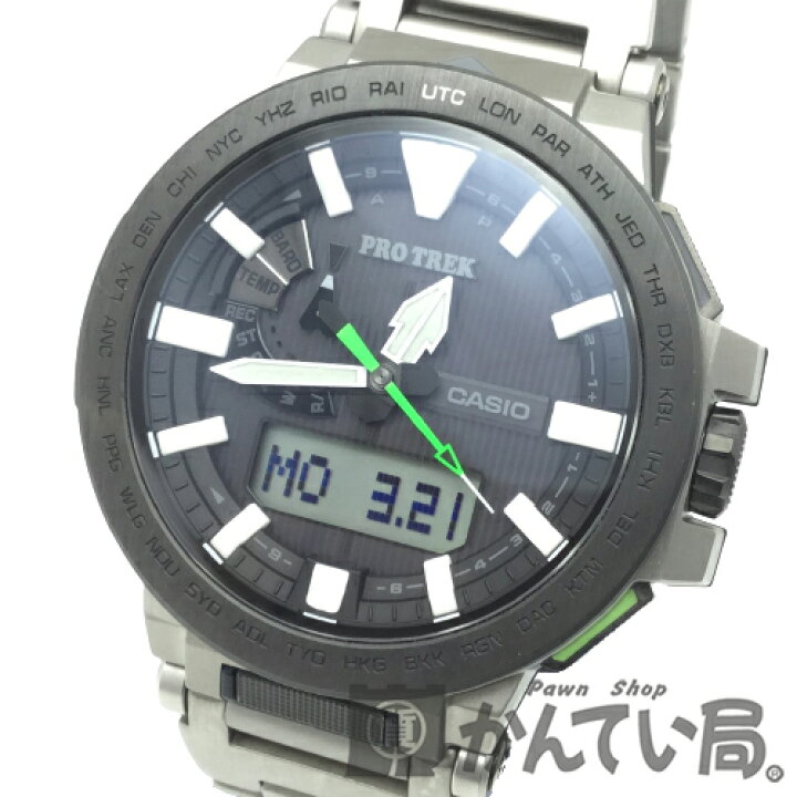 楽天市場 中古 Casio カシオ プロトレック Protrek マナスル Prx 8000t 7bjf 電波ソーラー ブラック グリーン チタン メンズ 腕時計 Used Ab 質屋かんてい局ec店