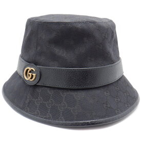 【中古】GUCCI (グッチ) 576587 ダブルG エンブレム GGキャンバス バケット ハット ブラック レザー 帽子 黒 ゴールド Lサイズ L 59cm メンズ レディース ユニセックス ウィメンズ 【USED-AB】