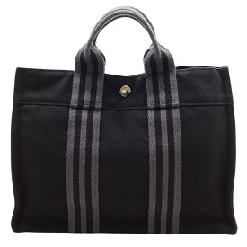 【中古】 HERMES （エルメス） フールトゥPM キャンバス トートバッグ ブラック グレー シルバー金具 スナップボタン ボーダー メンズ レディース ハンドバッグ 【USED-AB】