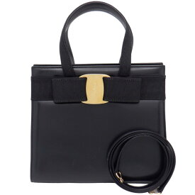 【中古】 Salvatore Ferragamo (サルヴァトーレ フェラガモ) BA214178 ヴァラ ハンドバッグ レザー ブラック 黒 ゴールド金具 ショルダー ミニバッグ リボン レディース 【USED-B】