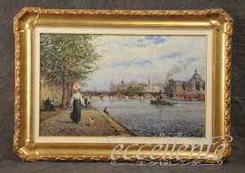 675515901　イタリア製額絵　犬と散歩する婦人