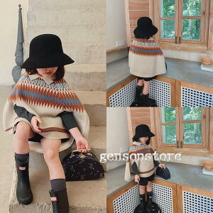 ニットケープ 女の子 ベビー 子供服 ヴィンテージ アーガイル 可愛い 襟付き ポンチョ マントコート ニット セーター トップス リブ編み 秋冬 アウター