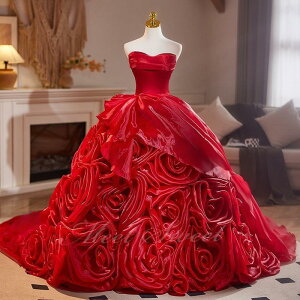 カラードレス レッド ベアトップ オーガンジー 光沢 フラワー 演奏会 発表会 二次会 花嫁 ウエディング ウェディングドレス プリンセス ゴージャス