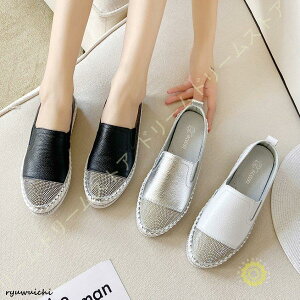 スリッポン スニーカー レディース 厚底 キラキラ ラインストーン 黒 白 大きいサイズ 牛革 カジュアル フラットシューズ ペタンコ おしゃれ