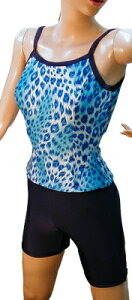 OUTLET価格!トップスのみの単品販売 パンツは付きません 【 L〜LL サイズ 】【ネイビー×ブルー】【縫込みパット】 少し大き目 フィットネス 水着 肩紐タイプ 水着 豹 柄 レディース スポー