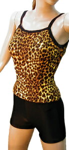 OUTLET価格!トップスのみの単品販売 パンツは付きません 【 L〜LL サイズ 】【ブラック×イエロー】【縫込みパット】 少し大き目 フィットネス 水着 肩紐タイプ 水着 豹 柄 レディース スポ