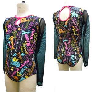 【11月3日までお買い得タイム】長袖 デザイン レオタード *OH!ハッピ〜* 120 130cm ( お袖 は シースルー ) ブラック 子供用 体操 新体操 トランポリン ダンス 丸穴デザイン かわいい かっこ