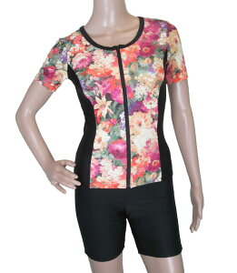 フィットネス水着 レディース セパレート 半袖 セパレート水着 裏地付き セパレート 前開き オシャレ パット付き 花柄 袖付き 足つき 体型カバー 母の日 贈答 敬老の日 クリスマス プレゼン