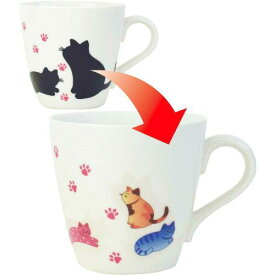 金陶苑 温度で色が変わるマグカップ 温感 お湯で変化 300ml ネコ 猫 箱入り 日本製 ホワイト