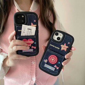 【ガラスフィルム付】 iphone14 ケース カード入れ付き iphone14ケース iphone14pro iphone13 pro mini iphone12 iphone11 アイフォン iphoneケース iphone se ケース 韓国 デニム ワッペン カード収納 カード レディース