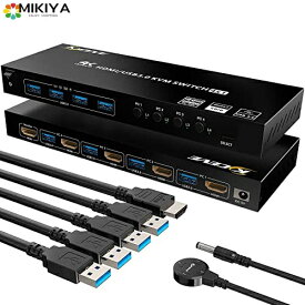 【 !!! 新モデル 】HDMI KVM切替器、PC切替器4入力1出力4K@60Hz、4つUSB3.0ハブ備えたUSB切替器セレクター、EDID管理、ワイヤレスキーボード、マウスサポート
