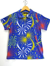 【中古】古着 SUN SURF × BEAMS GOLF サンサーフ ビームスゴルフ FIREWORKS ALOHA 鹿の子 ポロシャツ 半袖 S/S COOLMAX 花火 アロハ レディース アメカジ ゴルフウェア トップス サイズ M ブルー系