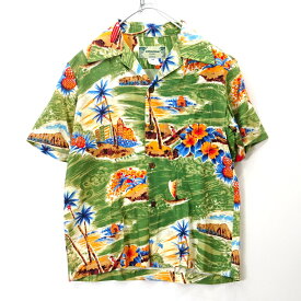 【中古】 Kamehameha　カメハメハ アロハシャツ 半袖 S/S 総柄 アロハ ココナッツボタン レディース　 トップス サイズ M　グリーン系