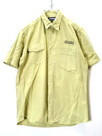 【中古】古着 USA製 90s STUSSY ステューシー コットン ワークシャツ 半袖シャツ オールドステューシー　 アメリカ製 半袖 S/S ワンポイント ステンシルロゴ ストリート メンズ トップス サイズ M ベージュ系