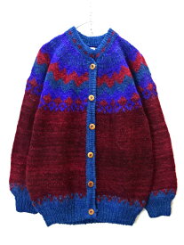 【中古】古着 ボリビア製 HANDKNITS ハンドニット カーディガン LAMBSWOOL ラムズウール USED トップス メンズ レディース ラグラン 長袖 L/S サイズ M バーガンディー系