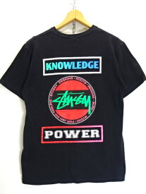 【中古】古着 STUSSY ステューシー custom made KNOWLEDGE プリント Tシャツ 半袖 S/S ロゴ バックプリント ネオンカラー ストリート メンズ トップス サイズ M ブラック系