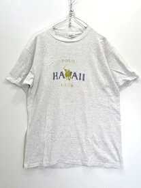 【中古】古着 90s USA製 POLO CLUB ポロクラブ プリント Tシャツ Hawaii ハワイ ヘインズ ヘビーウェイト 半袖 S/S コットン クルーネック ロゴ ヴィンテージ ビンテージ USED ユーズド メンズ トップス カットソー サイズ M ライトグレー系