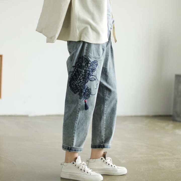 楽天市場】パンツ レディース デニムパンツ 刺繍入り サルエルパンツ  