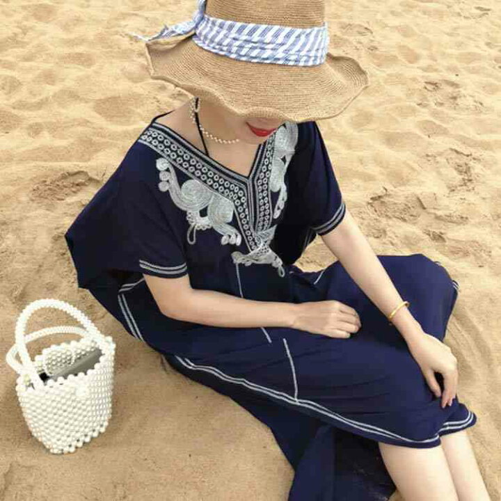 楽天市場】エスニック風刺繍ワンピース マキシ丈 リゾートワンピース 