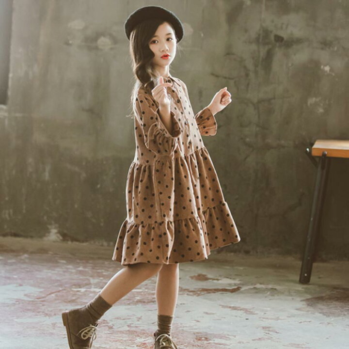 楽天市場 ドット柄ワンピース 長袖 ジュニア ワンピース キッズ 子供服 襟付き フリル ティアード 長袖ワンピース 裏起毛 シャツワンピース 春秋冬 ゆったり 女の子 1 130 140 150 160 165 エコライフショップ